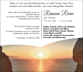 Traueranzeige von Ramona Reum von Südthüringer Presse