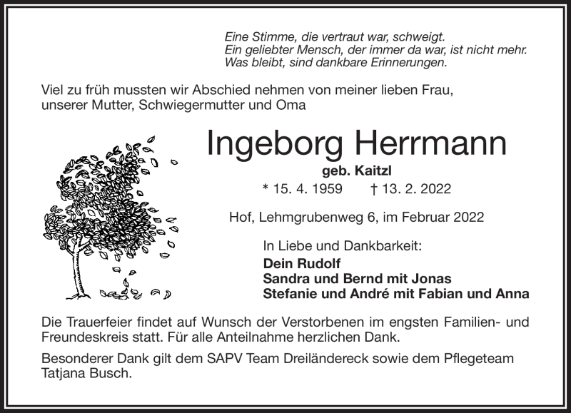  Traueranzeige für Ingeborg Herrmann vom 26.02.2022 aus Frankenpost