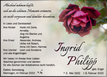 Traueranzeige von Ingrid Philipp von Südthüringer Presse