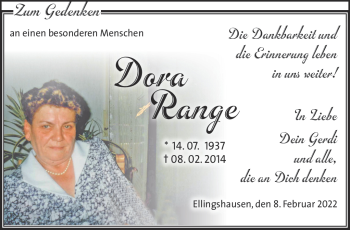 Traueranzeige von Dora Range von Südthüringer Presse