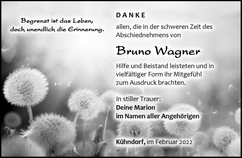  Traueranzeige für Bruno Wagner vom 12.02.2022 aus Südthüringer Presse