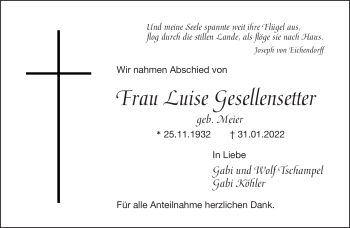 Traueranzeige von Luise Gesellensetter von Frankenpost