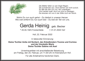 Traueranzeige von Gerda Heinig von Frankenpost