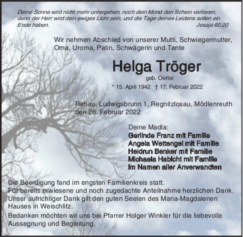 Traueranzeige für Helga Tröger vom 26.02.2022 aus Frankenpost