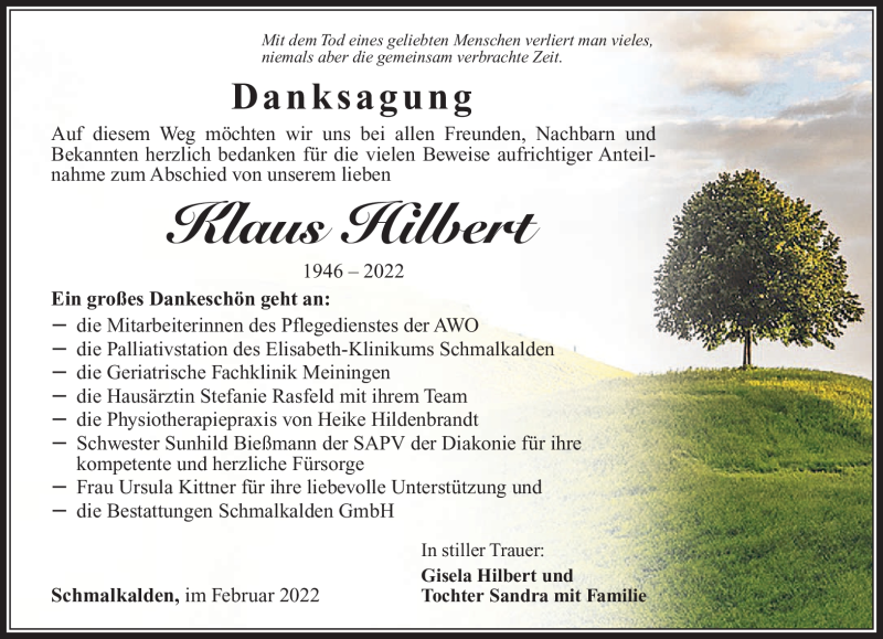  Traueranzeige für Klaus Hilbert vom 12.02.2022 aus Südthüringer Presse