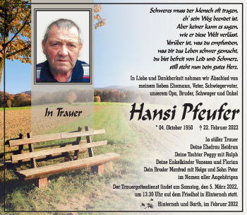 Traueranzeige von Hansi Pfeufer von Südthüringer Presse