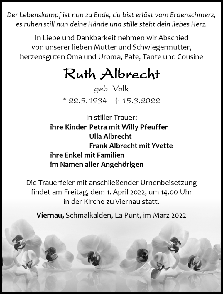  Traueranzeige für Ruth Albrecht vom 26.03.2022 aus Südthüringer Presse