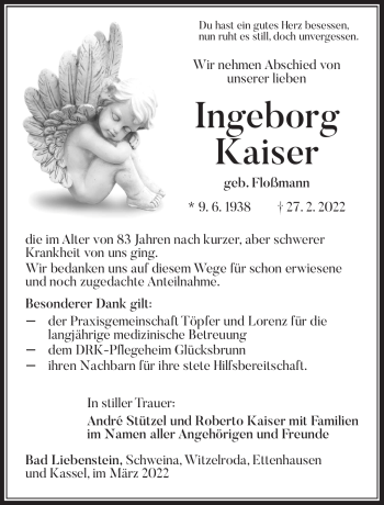 Traueranzeige von Ingeborg Kaiser von Südthüringer Presse