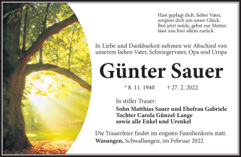 Traueranzeige von Günter Sauer von Südthüringer Presse