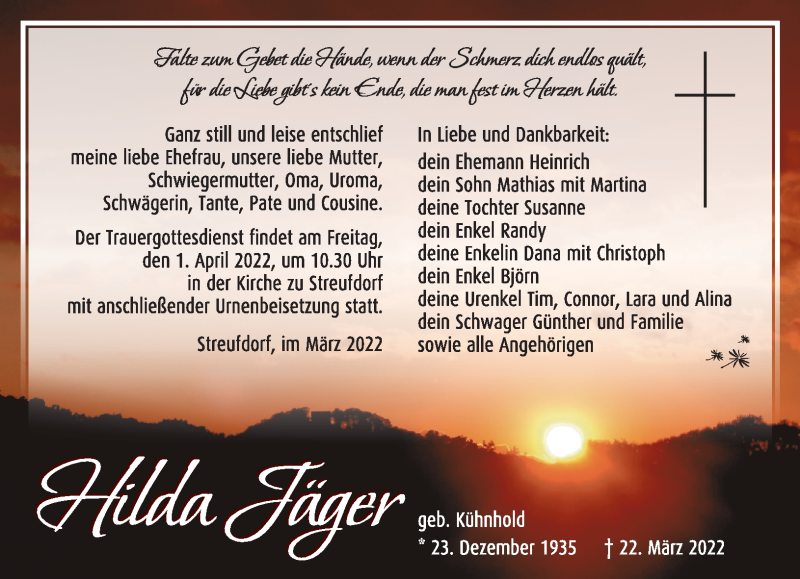  Traueranzeige für Hilda Jäger vom 26.03.2022 aus Südthüringer Presse