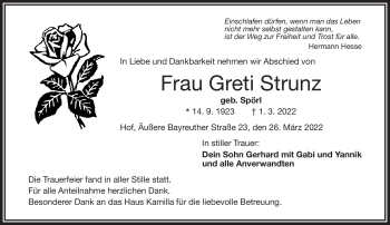 Traueranzeige von Greti Strunz von Frankenpost