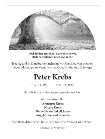 Traueranzeige von Peter Krebs von Südthüringer Presse
