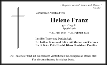 Traueranzeige von Helene Franz von Frankenpost