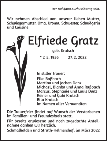 Traueranzeige von Elfriede Gratz von Südthüringer Presse