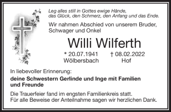Traueranzeige von Willi Wilferth von Frankenpost