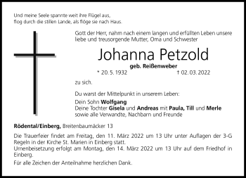 Traueranzeige von Johanna Petzold von Neue Presse Coburg