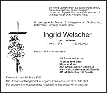 Traueranzeige von Ingrid Welscher von Neue Presse Coburg