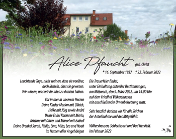 Traueranzeige von Alice Pfauch von Südthüringer Presse