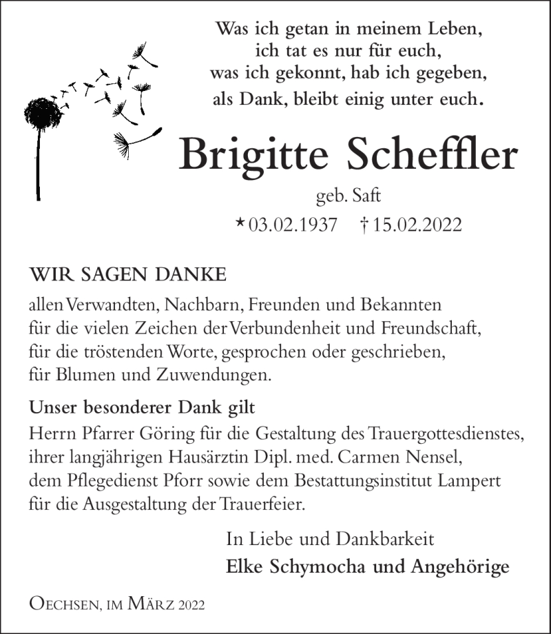  Traueranzeige für Brigitte Scheffler vom 12.03.2022 aus Südthüringer Presse