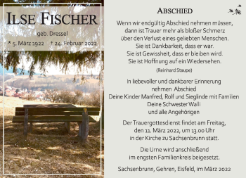 Traueranzeige von Ilse Fischer von Südthüringer Presse