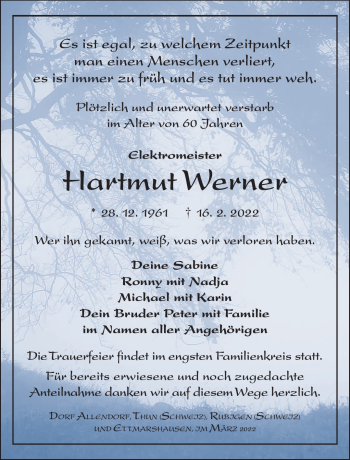 Traueranzeige von Hartmut Werner von Südthüringer Presse