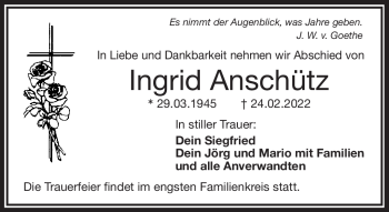 Traueranzeige von Ingrid Anschütz von Frankenpost