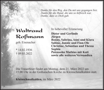 Traueranzeige von Waltraud Roßmann von Südthüringer Presse