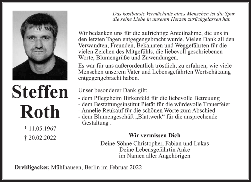  Traueranzeige für Steffen Roth vom 12.03.2022 aus Südthüringer Presse