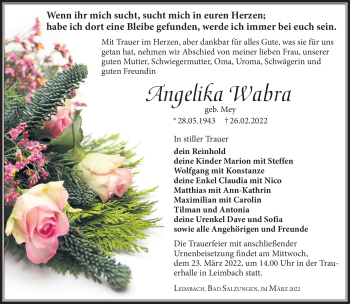 Traueranzeige von Angelika Wabra von Südthüringer Presse