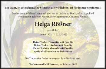 Traueranzeige von Helga Rößner von Südthüringer Presse