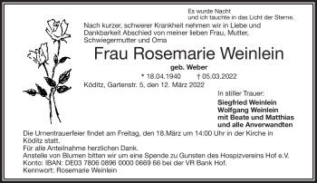 Traueranzeige von Rosemarie Weinlein von Frankenpost