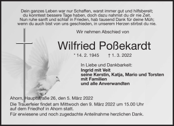 Traueranzeige von Wilfried Poßekardt von Neue Presse Coburg