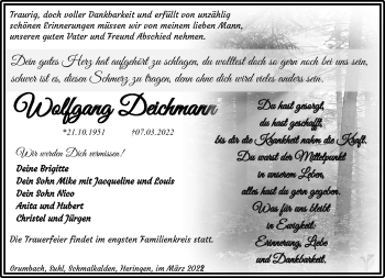 Traueranzeige von Wolfgang Deichmann von Südthüringer Presse