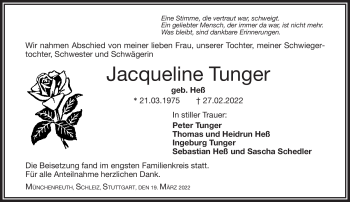 Traueranzeige von Jacqueline Tunger von Frankenpost
