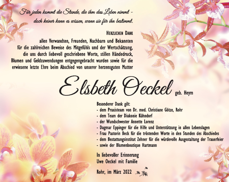  Traueranzeige für Elsbeth Oeckel vom 19.03.2022 aus Südthüringer Presse