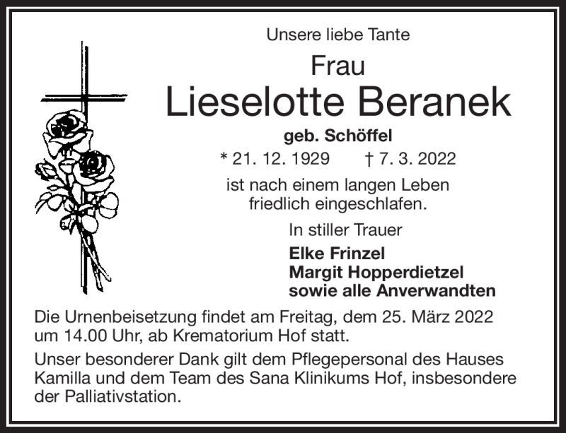  Traueranzeige für Lieselotte Beranek vom 22.03.2022 aus Frankenpost
