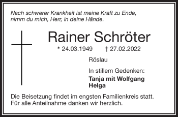 Traueranzeige von Rainer Schröter von Frankenpost