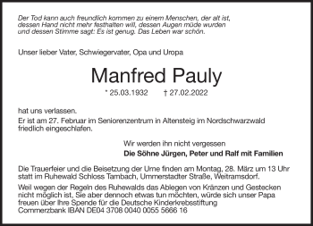 Traueranzeige von Manfred Pauly von Neue Presse Coburg