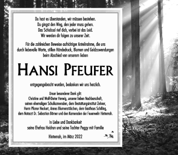 Traueranzeige von Hansi Pfeufer von Südthüringer Presse