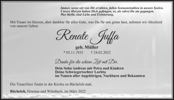 Traueranzeige von Renate Juffa von Südthüringer Presse