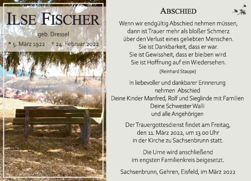  Traueranzeige für Ilse Fischer vom 05.03.2022 aus Südthüringer Presse
