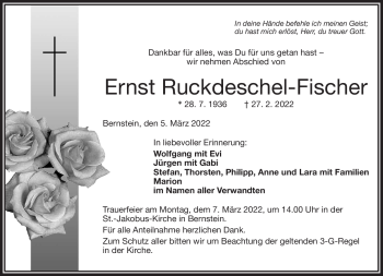Traueranzeige von Ernst Ruckdeschel-Fischer von Frankenpost