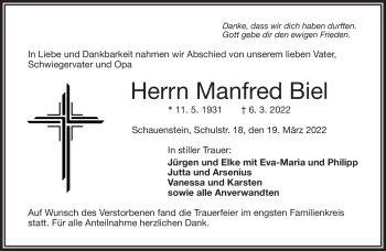 Traueranzeige von Manfred Biel von Frankenpost
