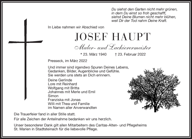  Traueranzeige für Josef Haupt vom 05.03.2022 aus Frankenpost