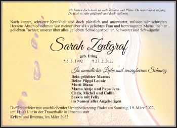 Traueranzeige von Sarah Zentgraf von Südthüringer Presse