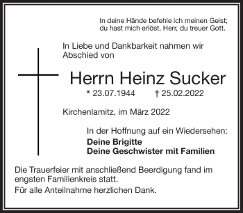 Traueranzeige von Heinz Sucker von Frankenpost