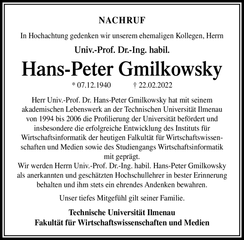  Traueranzeige für Univ.-Prof. Dr.-Ing. habil. Hans-Peter Gmilkowsky vom 12.03.2022 aus Südthüringer Presse