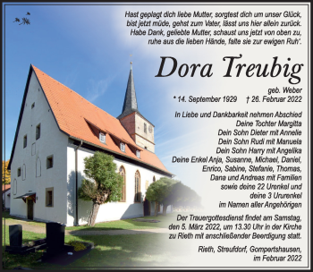 Traueranzeige von Dora Treubig von Südthüringer Presse