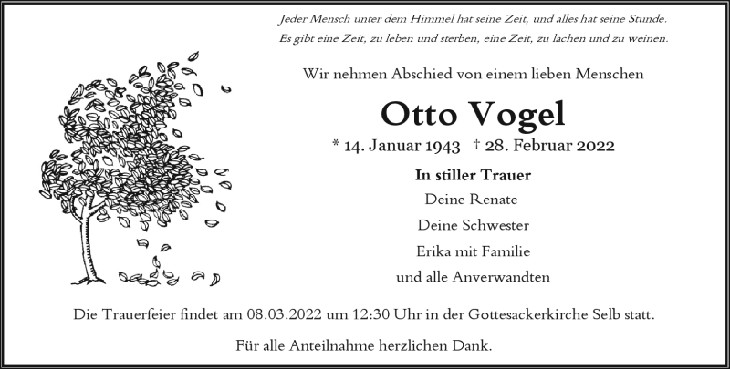  Traueranzeige für Otto Vogel vom 05.03.2022 aus Frankenpost