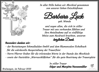 Traueranzeige von Barabara Luck von Südthüringer Presse